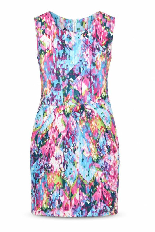Front view of Internacionale women’s multicoloured geometric polyester pencil dress, size S, scoop neck zip