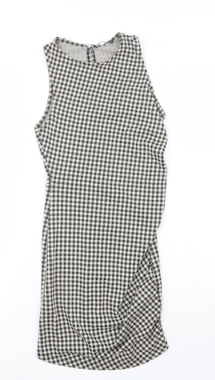 Zara Womens Grey Check Polyester Bodycon  Size S  Crew Neck Button
