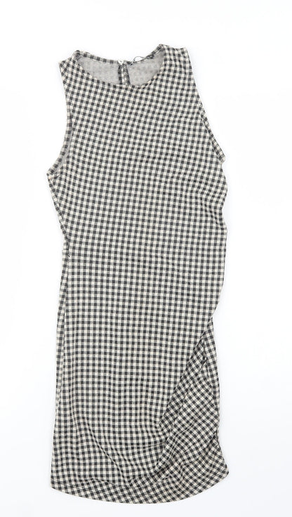 Zara Womens Grey Check Polyester Bodycon  Size S  Crew Neck Button
