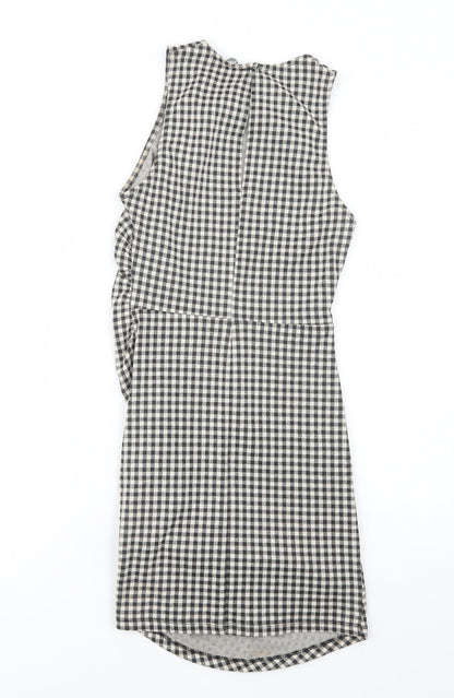 Zara Womens Grey Check Polyester Bodycon  Size S  Crew Neck Button