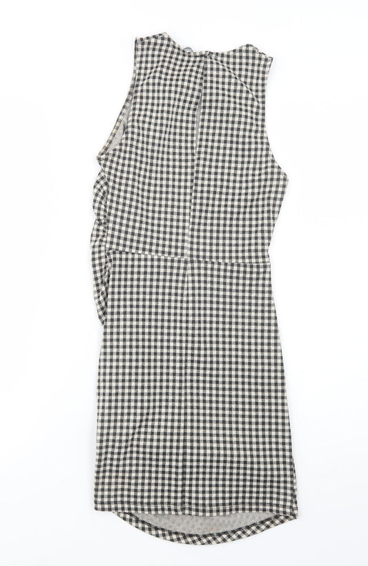 Zara Womens Grey Check Polyester Bodycon  Size S  Crew Neck Button