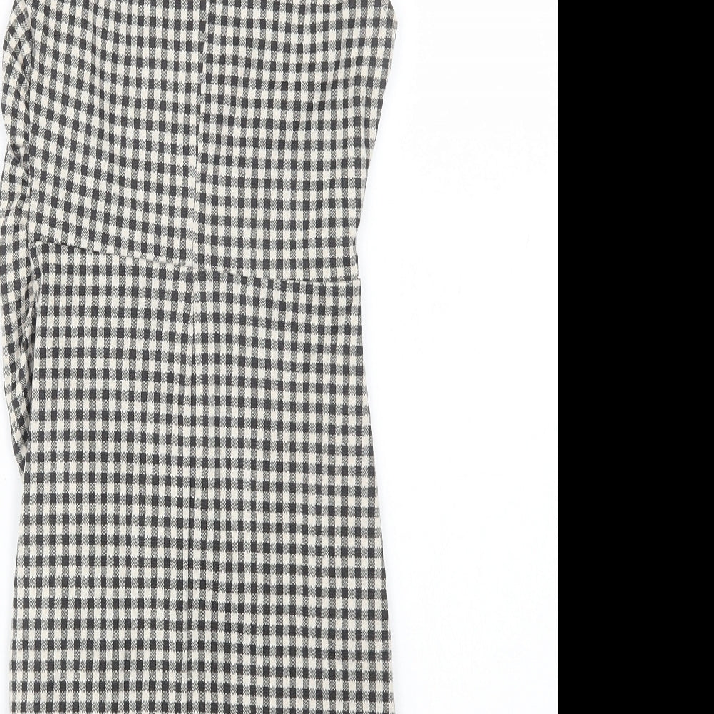 Zara Womens Grey Check Polyester Bodycon  Size S  Crew Neck Button