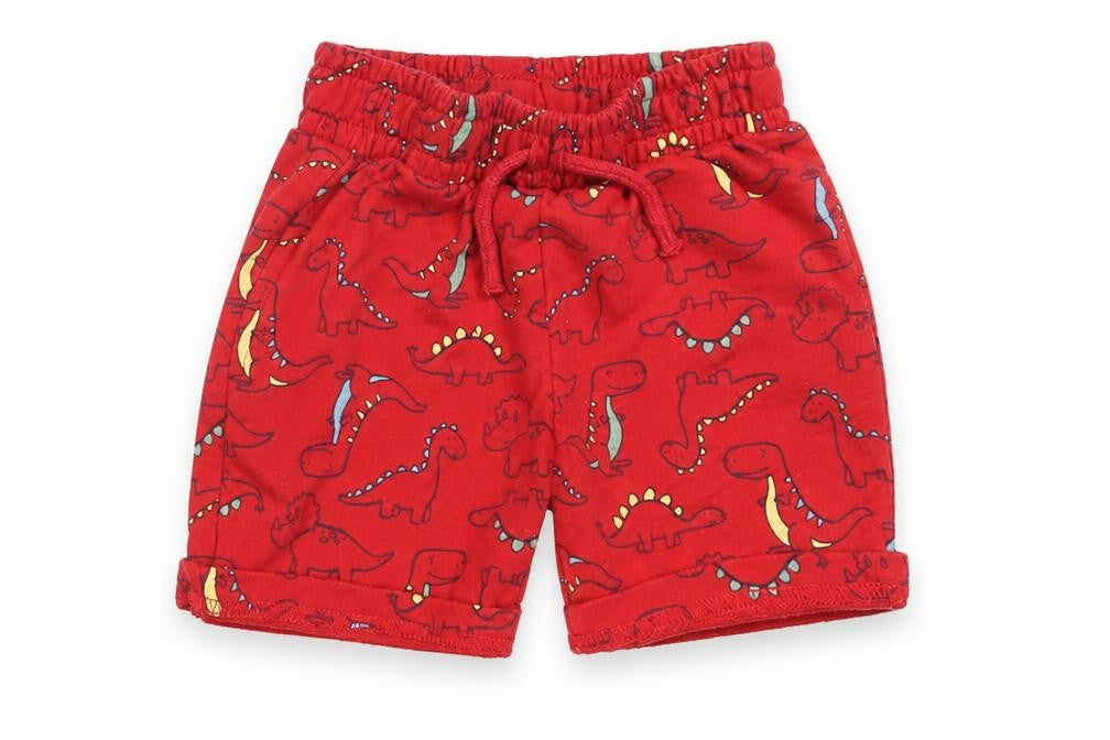 Front view of Dunnes Baby Red Geometric Cotton Cropped Trousers, size 18-24, Months Drawstring - Dinosaur Print