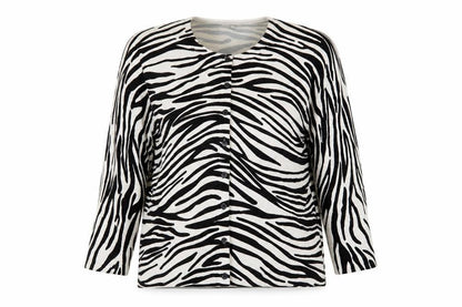 Front view of Country Casuals women’s white scoop neck animal print viscose cardigan jumper, size L