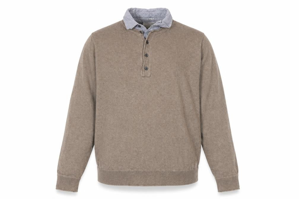 Front view of Marks & Spencer men’s beige collared cotton henley jumper, size M