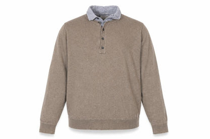 Front view of Marks & Spencer men’s beige collared cotton henley jumper, size M