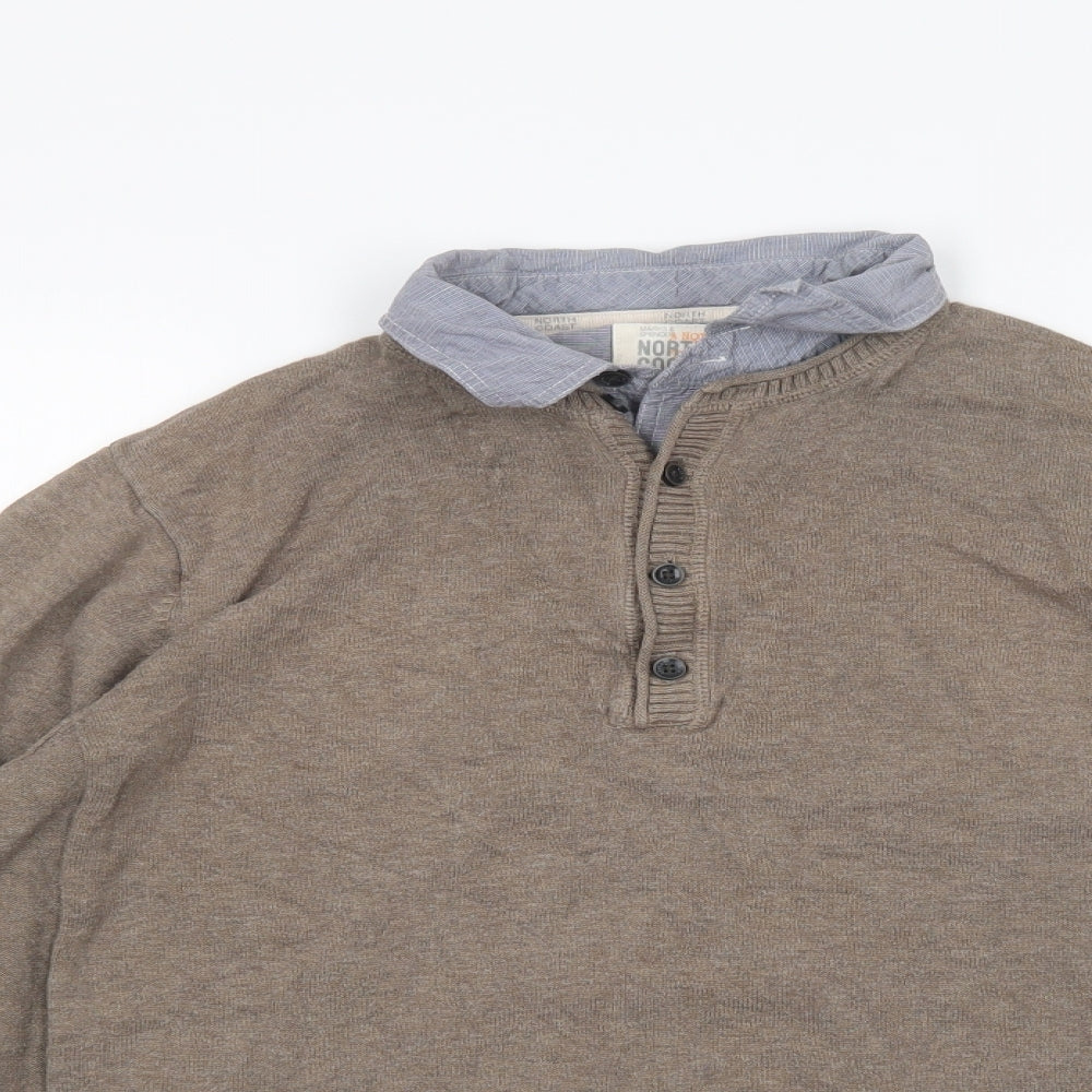 Marks and Spencer Mens Beige Collared  Cotton Henley Jumper Size M