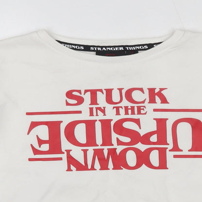 Close-up detail of Stranger Things women’s ivory cotton pullover sweatshirt, size S, - cropped