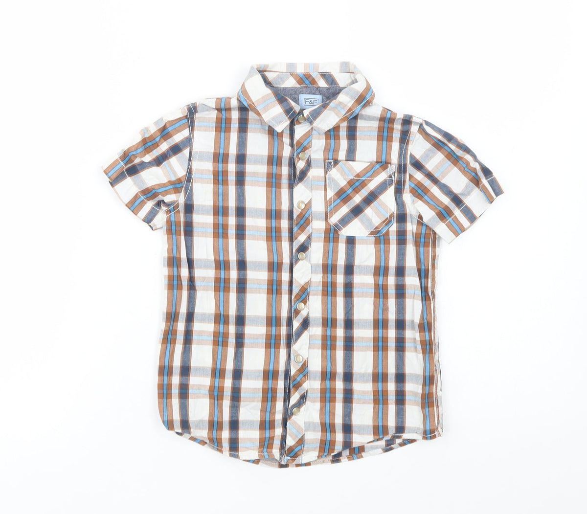 Additional front view of F&F boys’ brown plaid cotton basic button-up, size 5-6, years collared snap