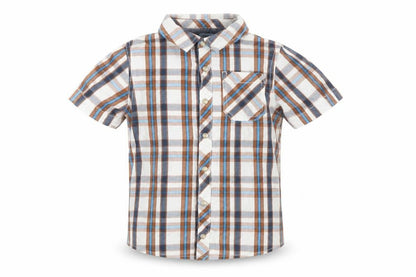 Front view of F&F boys’ brown plaid cotton basic button-up, size 5-6, years collared snap