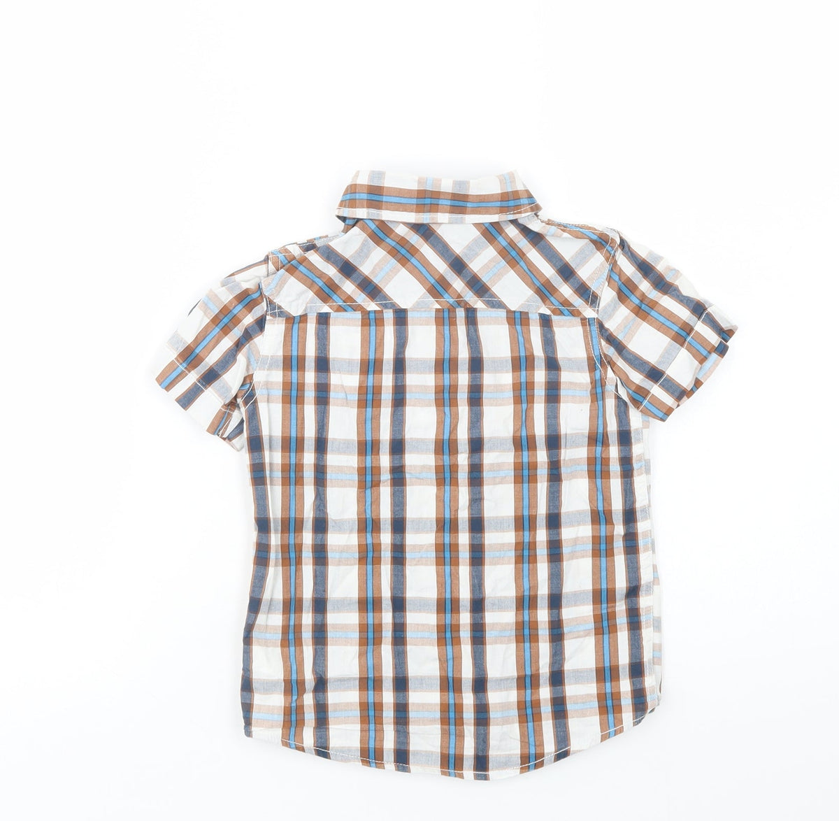 Back view of F&F boys’ brown plaid cotton basic button-up, size 5-6, years collared snap