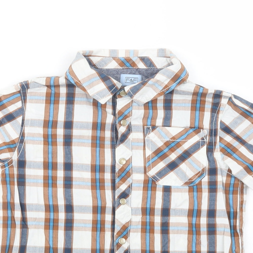 Close-up detail of F&F boys’ brown plaid cotton basic button-up, size 5-6, years collared snap