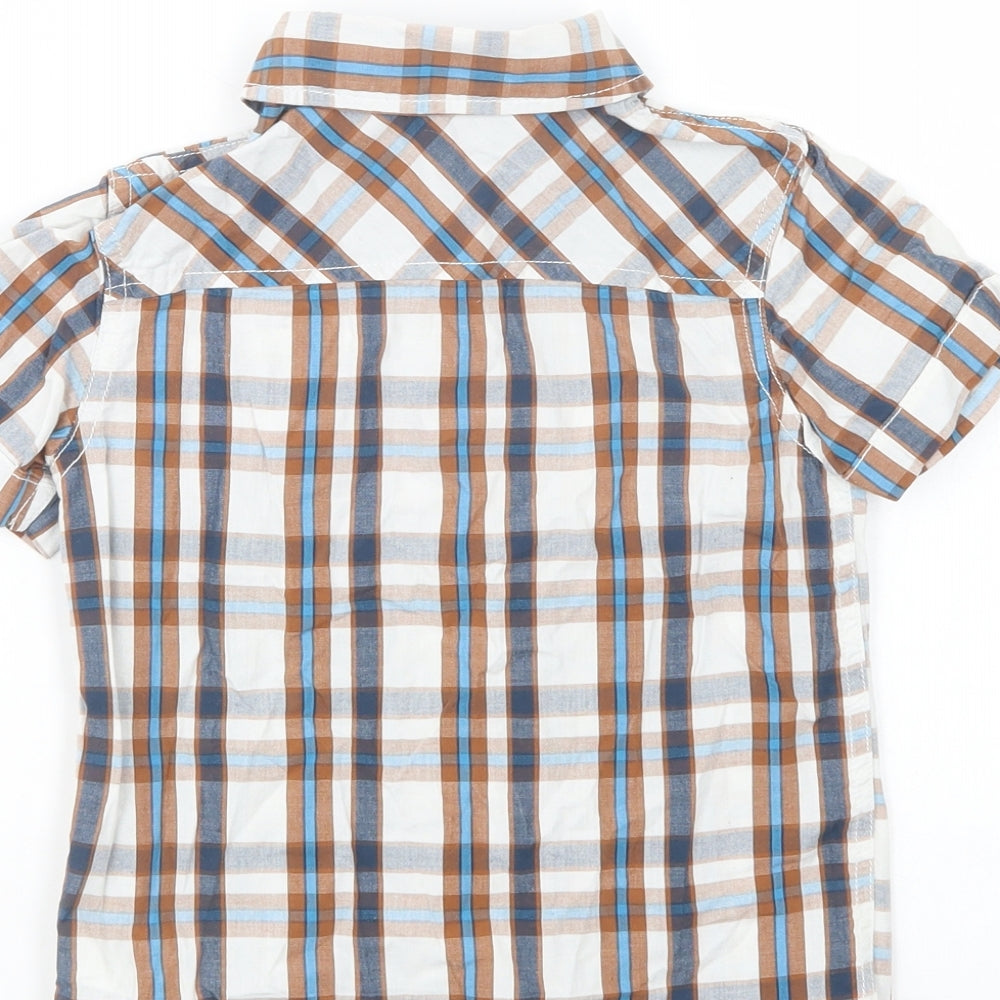 Brand and care label for F&F boys’ brown plaid cotton basic button-up, size 5-6, years collared snap