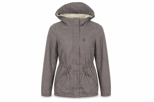 Front view of H&M women’s brown parka jacket, size UK 8, zip
