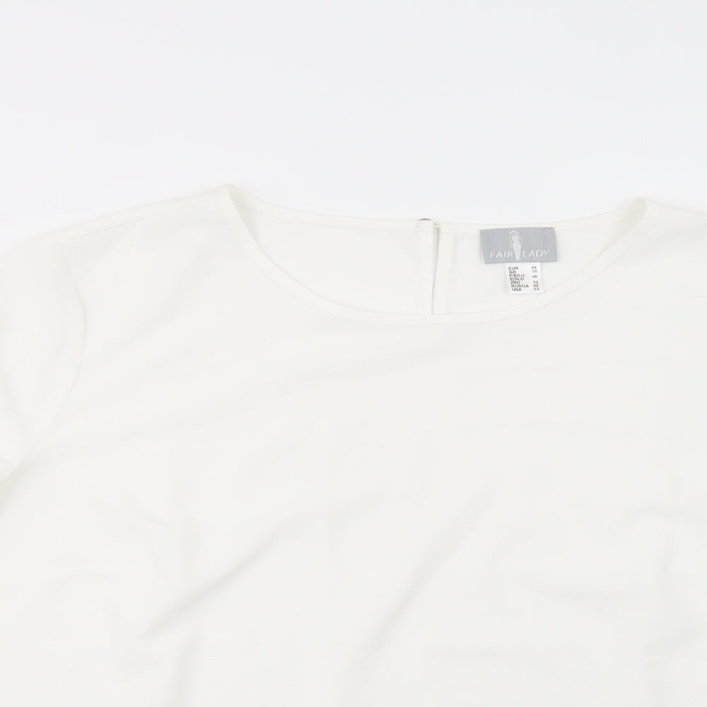 Close-up detail of Fair Lady women’s white polyester basic blouse, size UK 18, boat neck