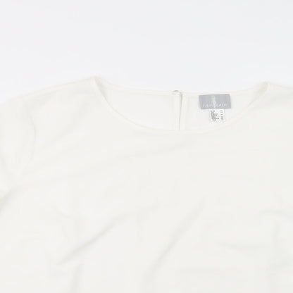 Close-up detail of Fair Lady women’s white polyester basic blouse, size UK 18, boat neck