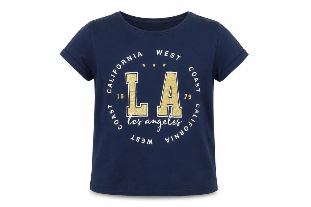Front view of Primark girls’ blue cotton pullover t-shirt, size 8-9, years crew neck pullover - l.a.