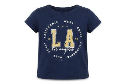 Front view of Primark girls’ blue cotton pullover t-shirt, size 8-9, years crew neck pullover - l.a.