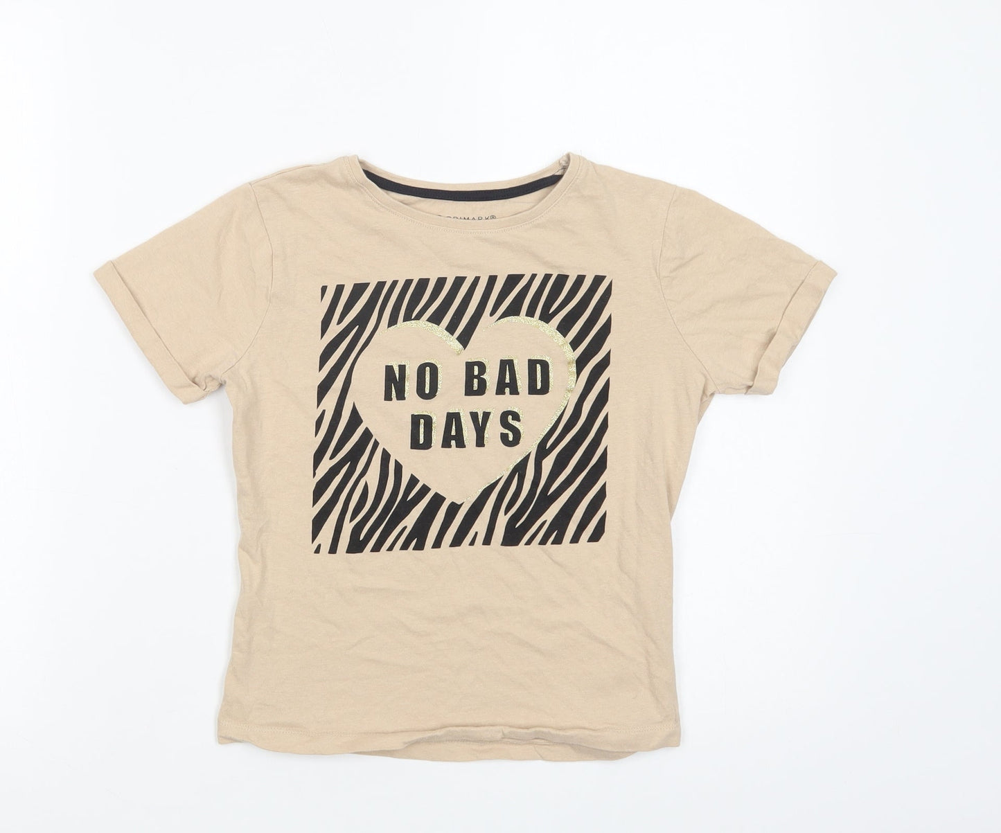 Primark Girls Beige  Cotton Ringer T-Shirt Size 10-11 Years Crew Neck Pullover - No Bad Days