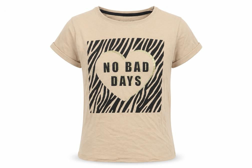 Front view of Primark girls’ beige cotton ringer t-shirt, size 10-11, years crew neck pullover - no bad days
