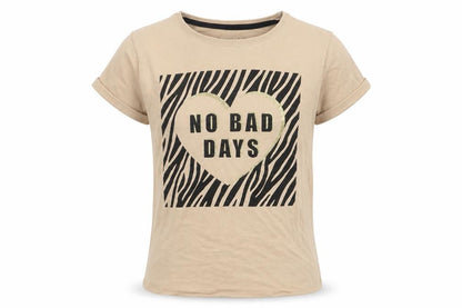 Front view of Primark girls’ beige cotton ringer t-shirt, size 10-11, years crew neck pullover - no bad days