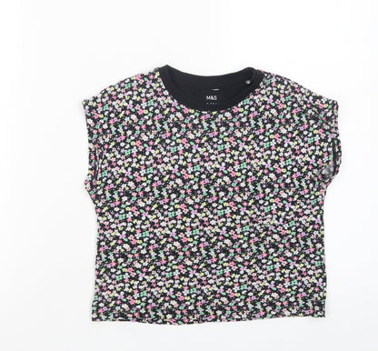 Marks and Spencer Girls Black Floral Cotton Basic T-Shirt Size 5-6 Years Crew Neck Pullover