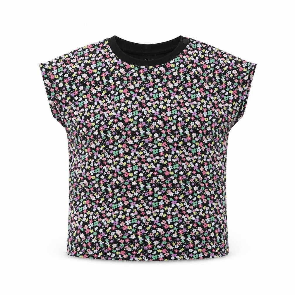 Front view of Marks & Spencer girls’ black floral cotton basic t-shirt, size 5-6, years crew neck pullover