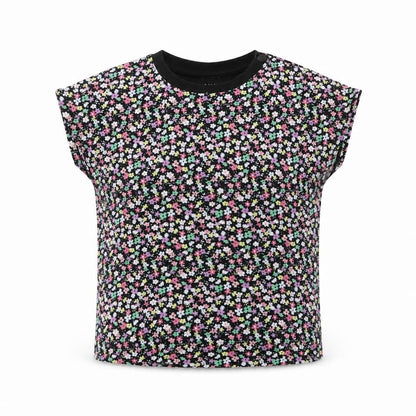 Front view of Marks & Spencer girls’ black floral cotton basic t-shirt, size 5-6, years crew neck pullover