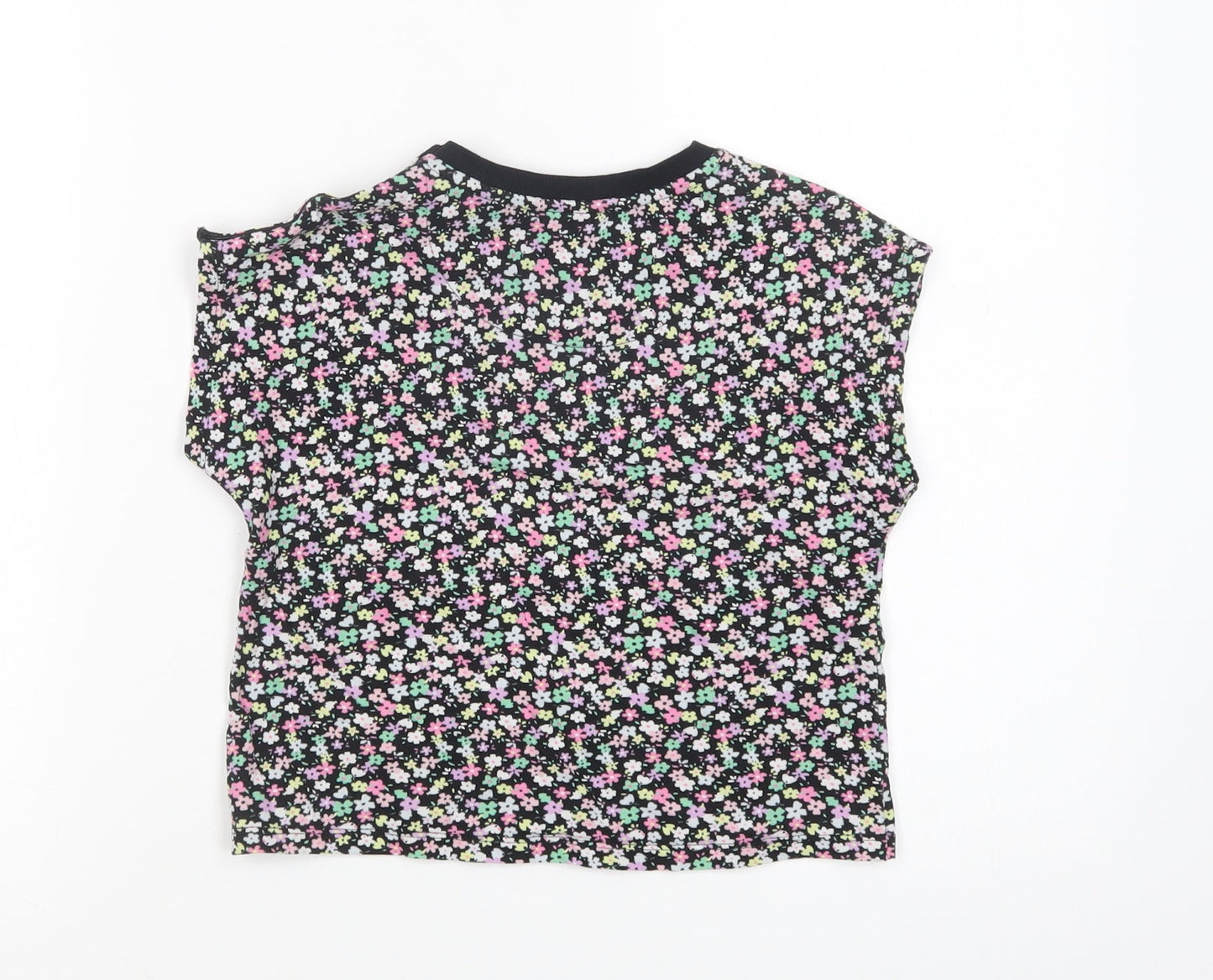 Marks and Spencer Girls Black Floral Cotton Basic T-Shirt Size 5-6 Years Crew Neck Pullover