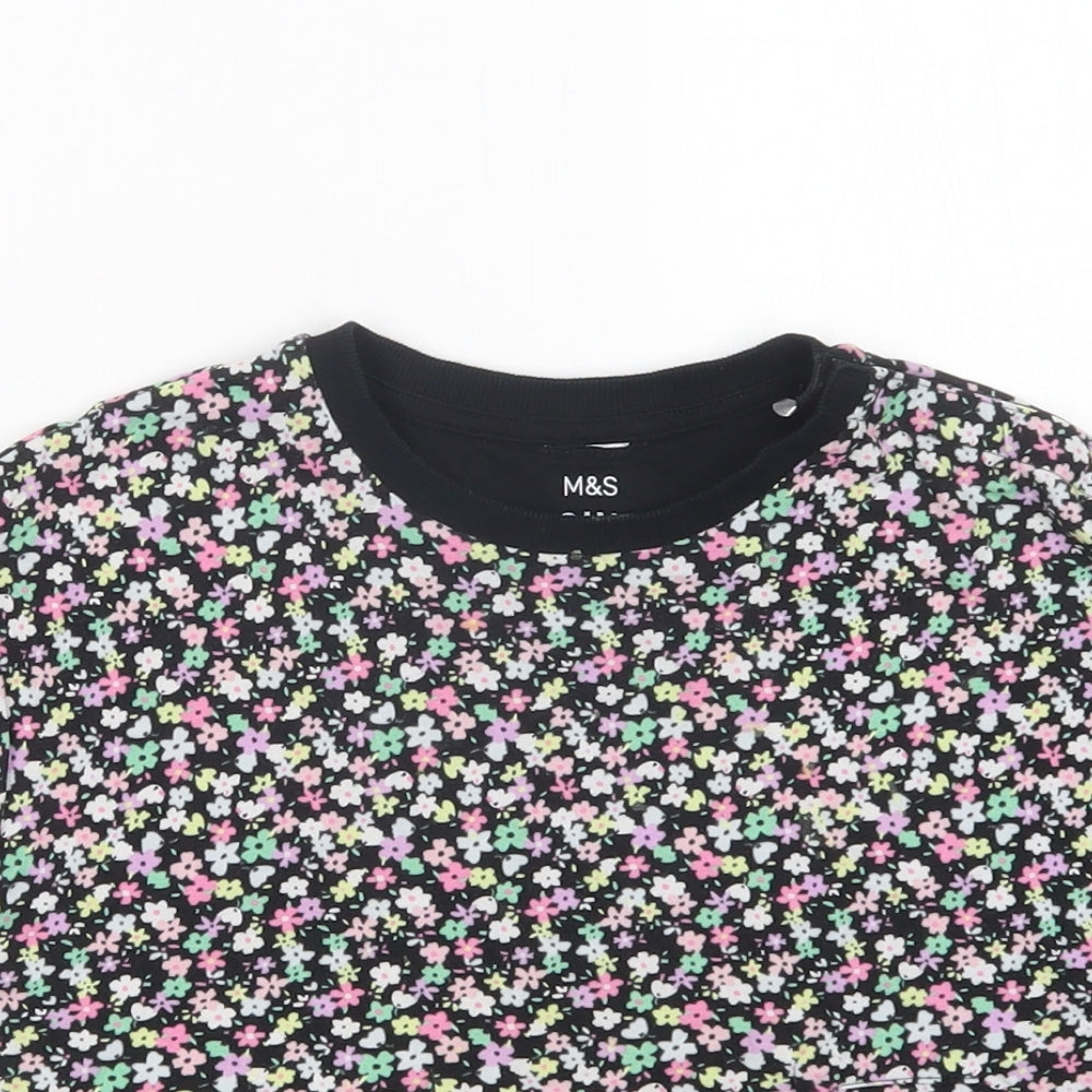 Marks and Spencer Girls Black Floral Cotton Basic T-Shirt Size 5-6 Years Crew Neck Pullover