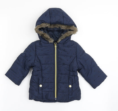 F&F Girls Blue Polka Dot  Parka Coat Size 3-6 Months   Zip