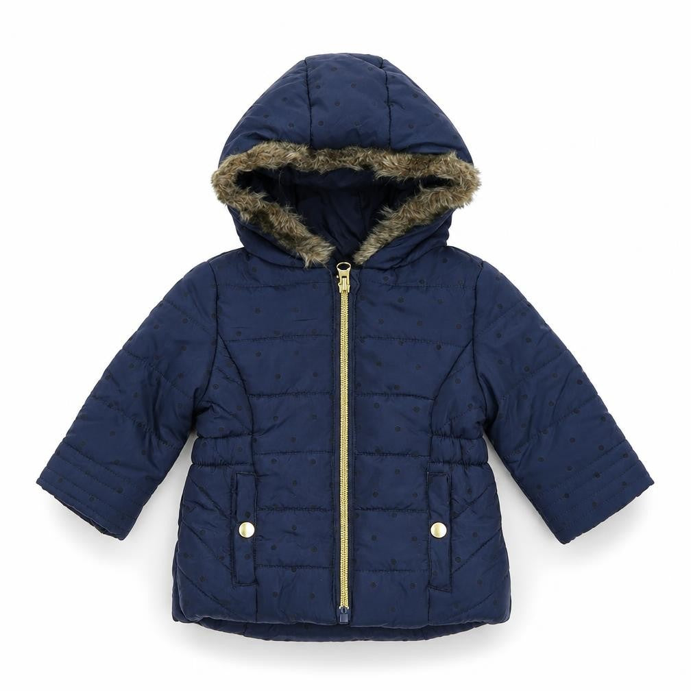 Front view of F&F girls’ blue polka dot parka coat, size 3-6, months zip