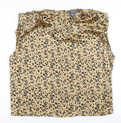 Primark Womens Brown Animal Print Polyester Basic Blouse Size 8 Round Neck