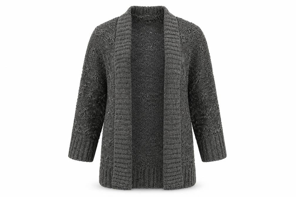 Front view of Tu women’s grey v-neck acrylic cardigan jumper, size UK 8