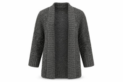 Front view of Tu women’s grey v-neck acrylic cardigan jumper, size UK 8