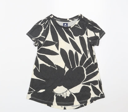 Gap Girls Grey Floral 100% Cotton Basic T-Shirt Size 5 Years Round Neck