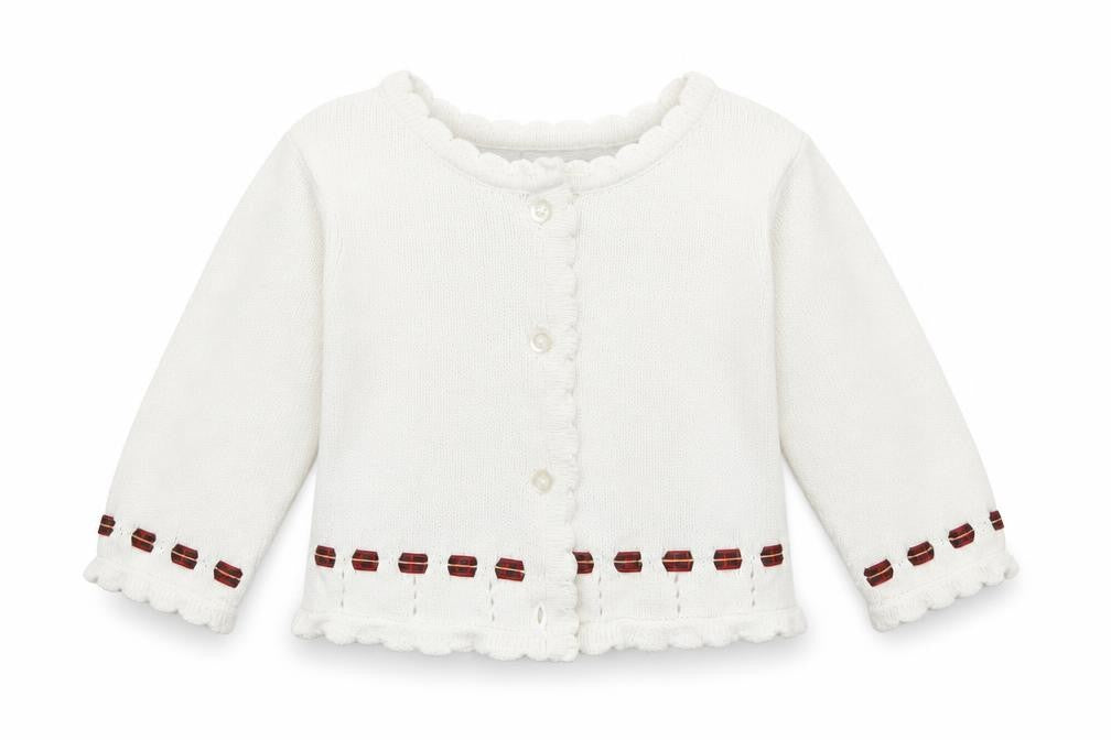 Front view of JPW JUNIOR girls’ white 100% cotton cardigan jumper, size 6-9, months button