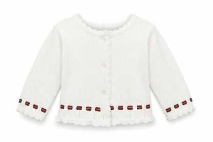 Front view of JPW JUNIOR girls’ white 100% cotton cardigan jumper, size 6-9, months button
