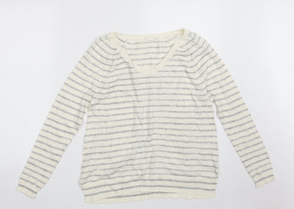 Gap Womens White V-Neck Striped Acrylic Pullover Jumper Size S