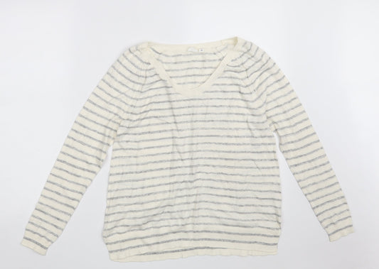 Gap Womens White V-Neck Striped Acrylic Pullover Jumper Size S