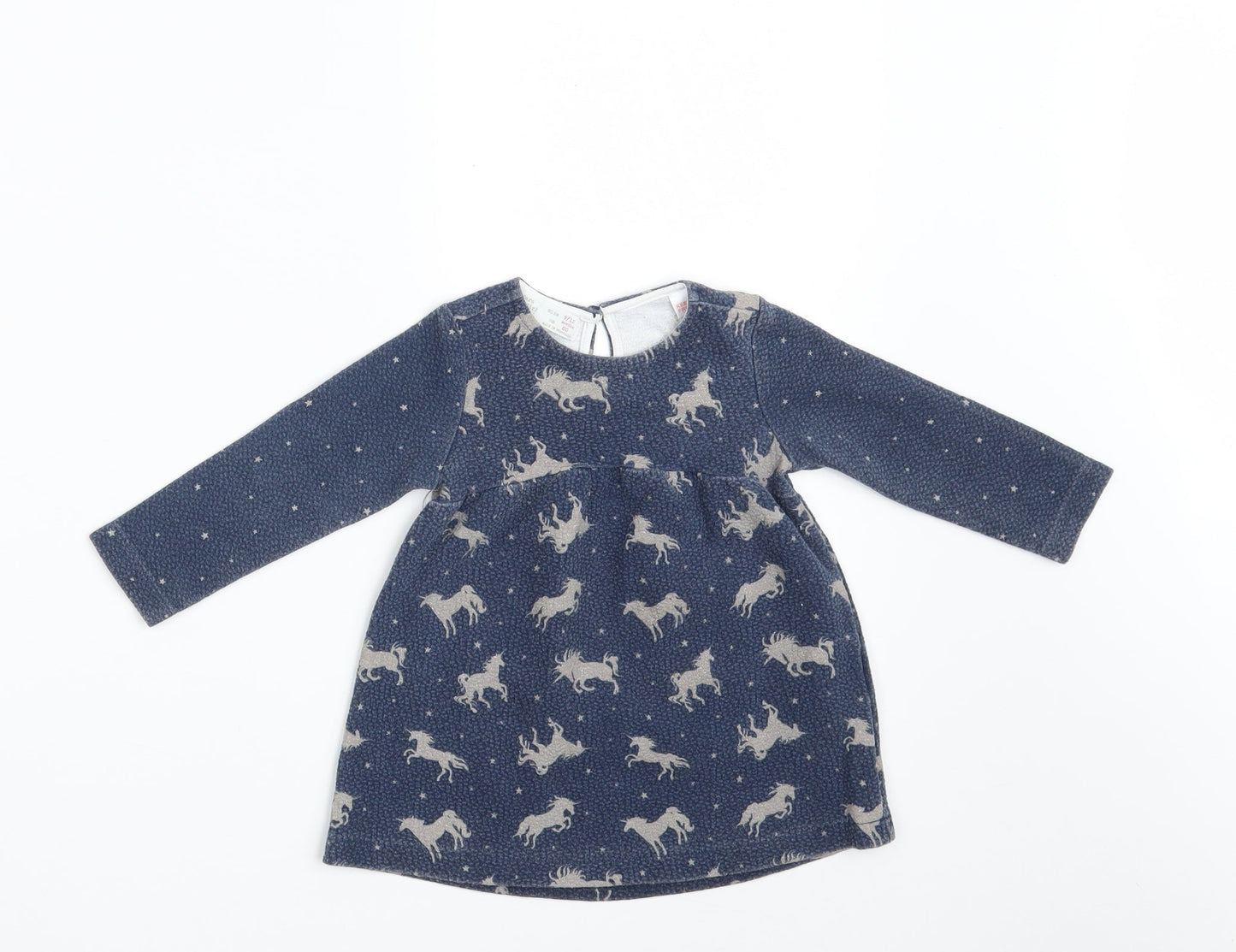 Zara Girls Blue Animal Print Cotton A-Line  Size 9-12 Months  Round Neck Button - Unicorn