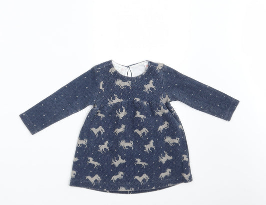 Zara Girls Blue Animal Print Cotton A-Line  Size 9-12 Months  Round Neck Button - Unicorn