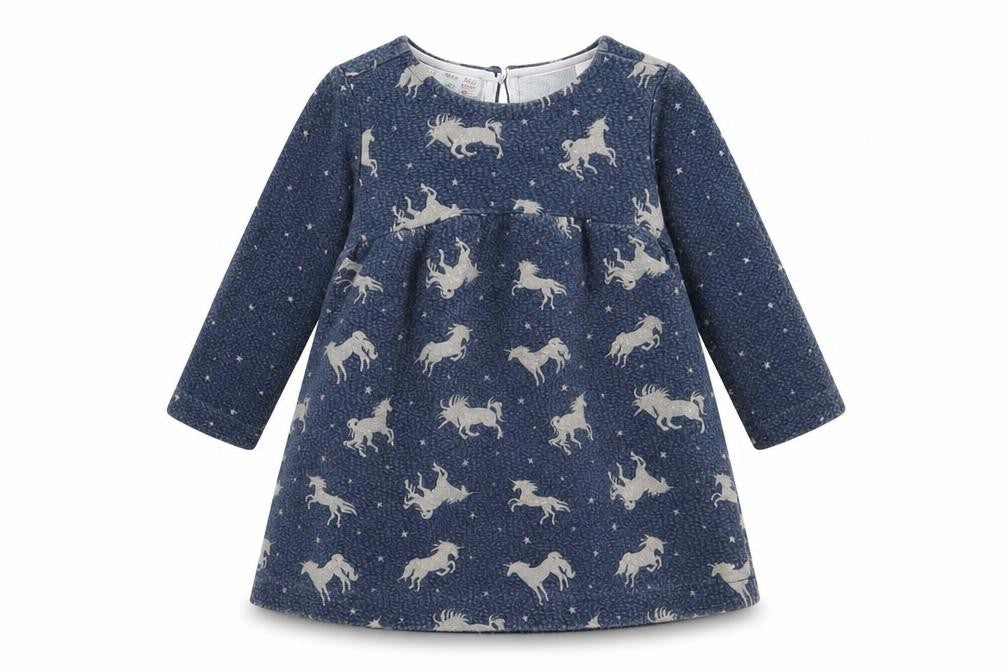 Front view of Zara girls’ blue animal print cotton a-line, size 9-12, months round neck button - unicorn