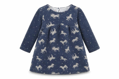 Front view of Zara girls’ blue animal print cotton a-line, size 9-12, months round neck button - unicorn