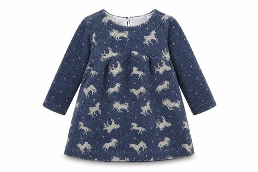 Zara Girls Blue Animal Print Cotton A-Line  Size 9-12 Months  Round Neck Button - Unicorn