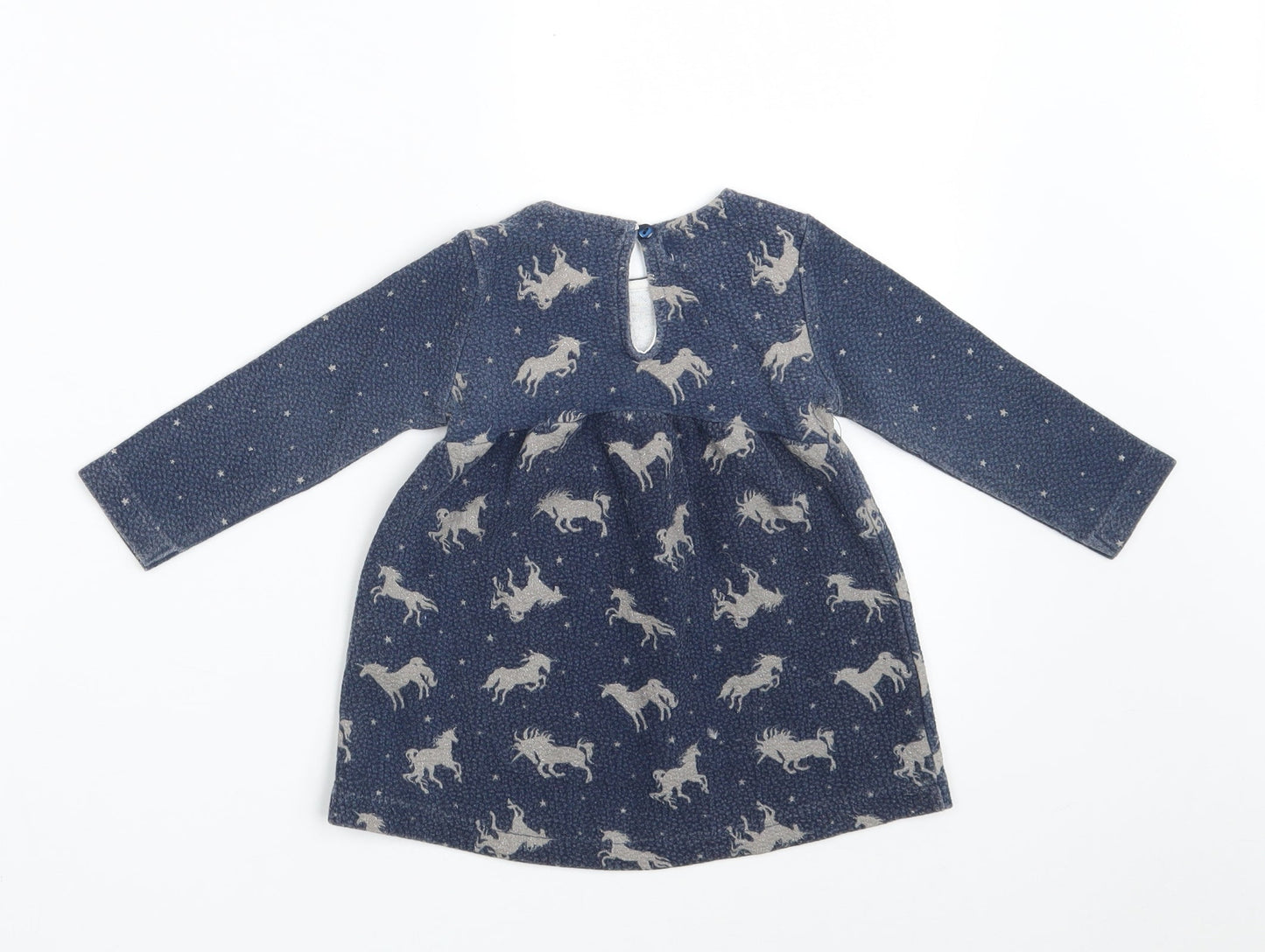 Zara Girls Blue Animal Print Cotton A-Line  Size 9-12 Months  Round Neck Button - Unicorn