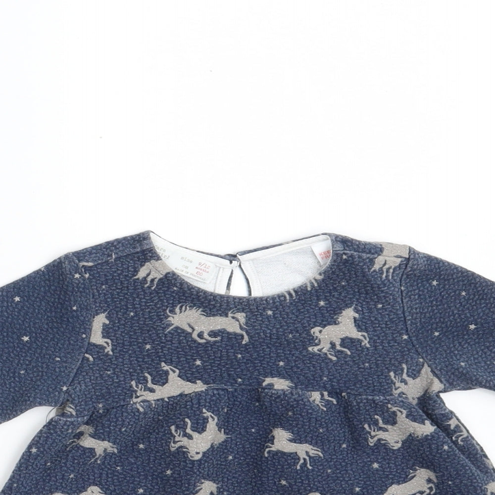 Zara Girls Blue Animal Print Cotton A-Line  Size 9-12 Months  Round Neck Button - Unicorn