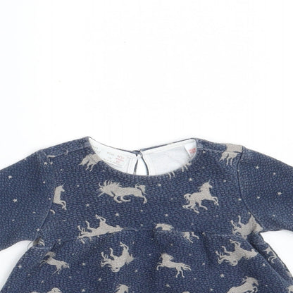 Zara Girls Blue Animal Print Cotton A-Line  Size 9-12 Months  Round Neck Button - Unicorn