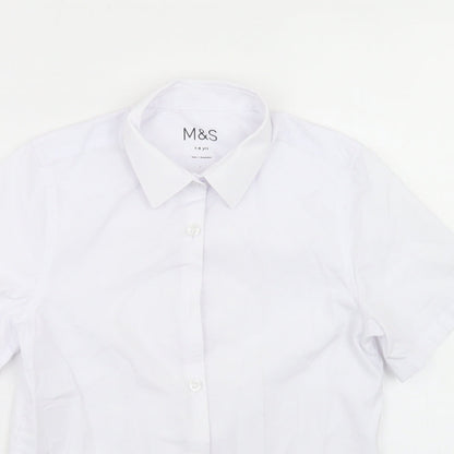 Close-up detail of Marks & Spencer boys’ white polyester basic button-up, size 7-8, years collared button - school wear