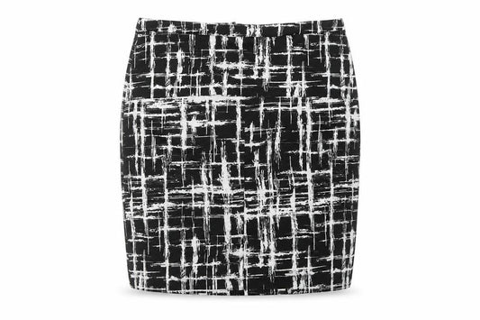 Front view of Louche women’s black geometric polyester straight & pencil skirt, size UK 14, zip